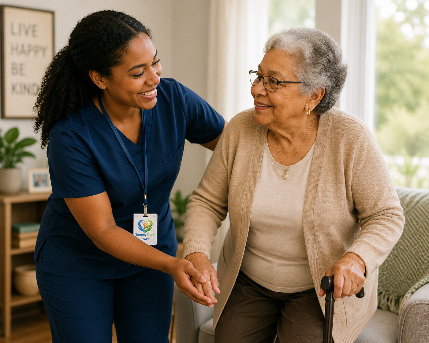 A healthcare worker helping an elderly woman with a walking cane, both smiling and holding hands in a cozy living room.