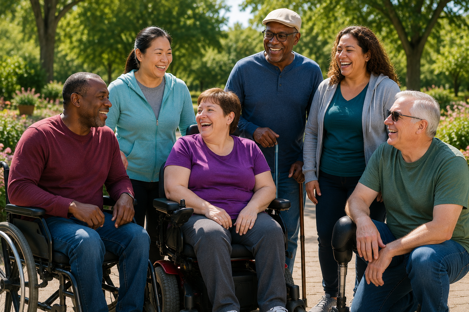 Group of six diverse smiling adults outdoors, some in wheelchairs, enjoying a sunny day in a park with trees and flowers.