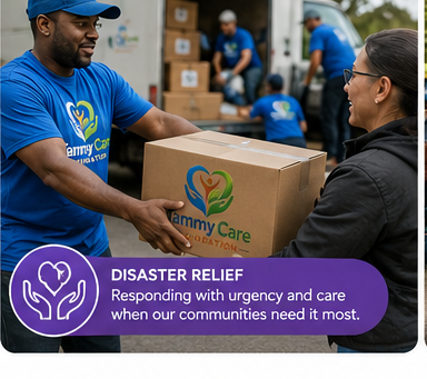Man in blue Sammy Care T-shirt handing a cardboard box to a woman at a disaster relief event, with other volunteers in the background.