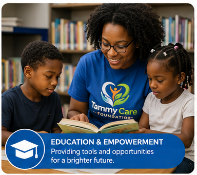 A smiling woman in glasses and a Tammy Care Foundation t-shirt reading a book to two young children in a library.