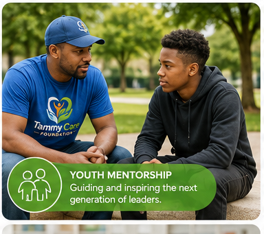 Two men sitting outdoors in a park, having a conversation. One is wearing a blue T-shirt and cap with "Tammy Care Foundation" logo, the other is wearing a black hoodie. A green banner at the bottom reads: "Youth Mentorship. Guiding and inspiring the 