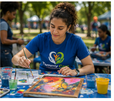 A young woman in a blue shirt painting with watercolors at an outdoor event, with other people and trees in the background.