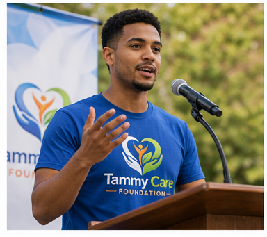 Young man speaking at a podium during an outdoor event, wearing a Tammy Care Foundation T-shirt.