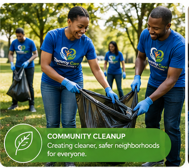 People participating in a community cleanup by picking up trash in a park, wearing blue shirts with a logo that says 'Tarry Care' and gloves.