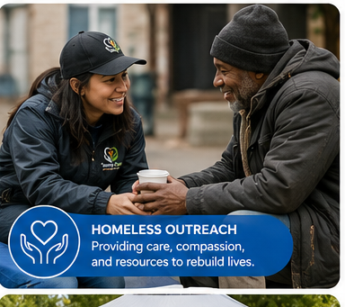 A woman and a man sit outdoors, smiling at each other. The woman, wearing a black cap and jacket, is handing a cup of coffee or tea to the man, who is dressed in a dark hoodie and beanie. The scene promotes homeless outreach and support.