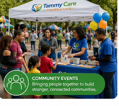 A community event booth featuring Tammy Care Foundation with people gathered around, including children and adults, with balloons and outdoor tents in the background.