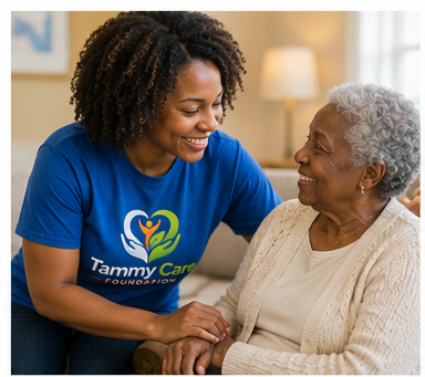 A young woman in a Tammy Care shirt smiling and holding hands with an elderly woman in a beige sweater, sitting together in a cozy room with a lamp and window in the background.