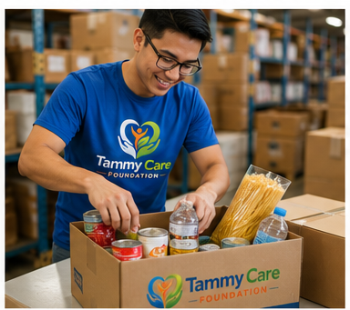 Smiling man wearing a Tammy Care Foundation T-shirt packing food items into a cardboard box in a warehouse.