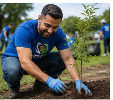 Man planting a small tree during a community gardening event