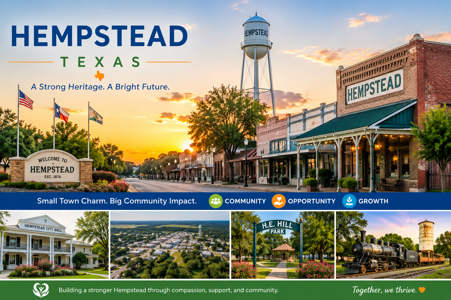 A scenic view of Hempstead, Texas at sunset with historic buildings, flags, and a water tower, showcasing a charming small-town atmosphere.