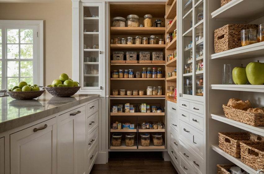 Pantry with white cabinets filled with jars and baskets, green apples in bowls on the counter, window with natural light.