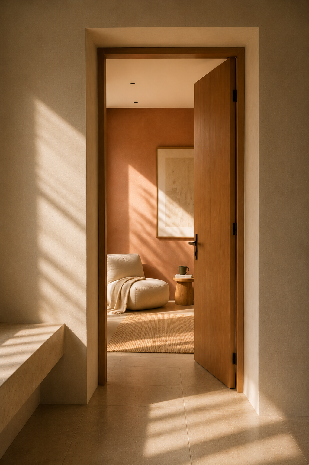 View through a wooden door into a cozy living space with a cream sofa, a small wooden side table with an olive green coffee mug, framed abstract artwork on a pinkish wall, and light streaming in creating shadows.