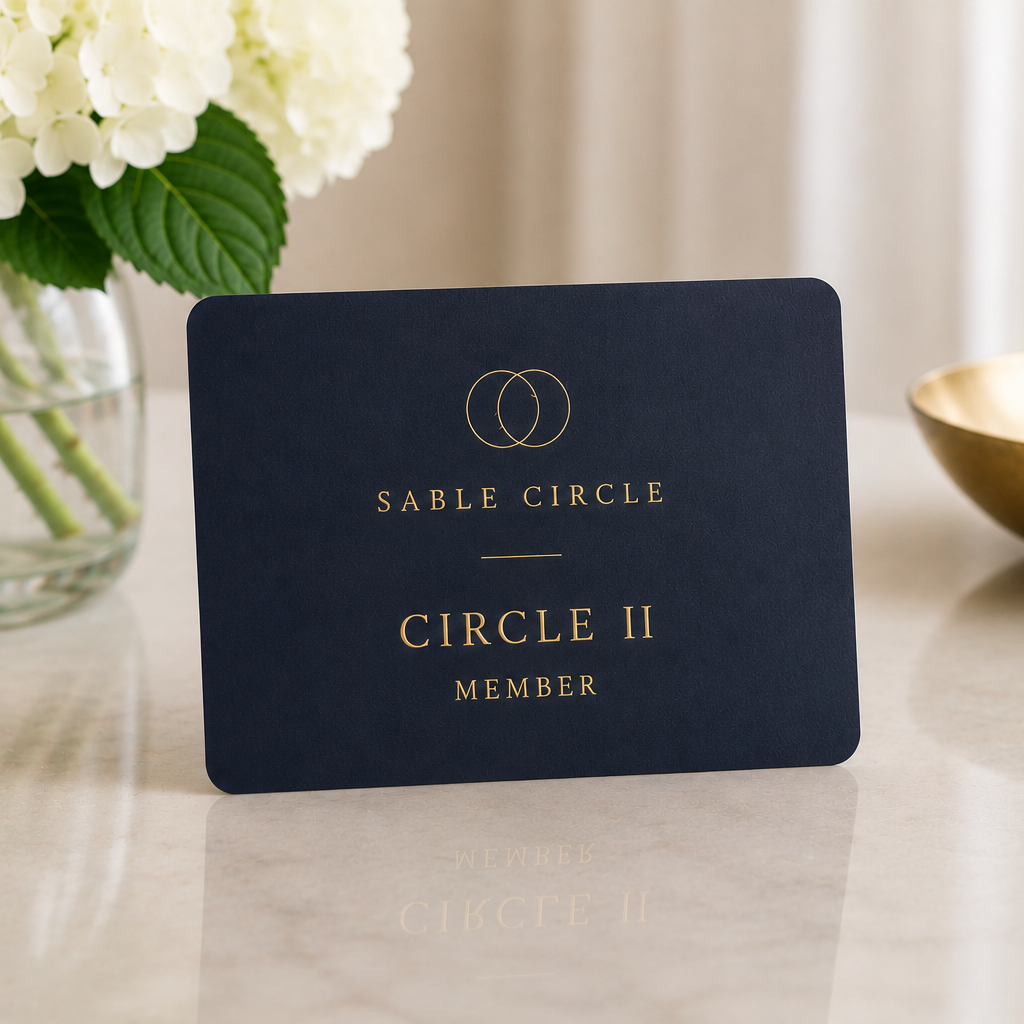 A navy blue card with gold lettering that reads 'SABLE CIRCLE,' 'CIRCLE II,' and 'MEMBER,' positioned on a marble surface, with a vase of white flowers and a gold bowl in the background.