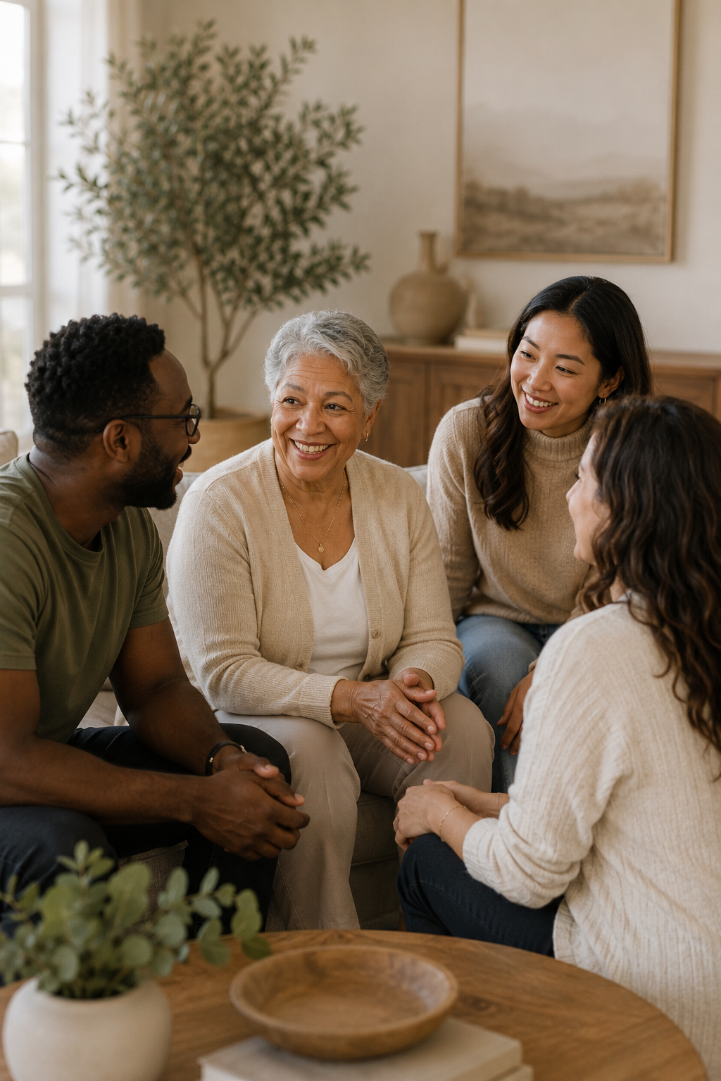 Group of five women of different ages and ethnicities sitting and talking in a cozy, well-lit living room.