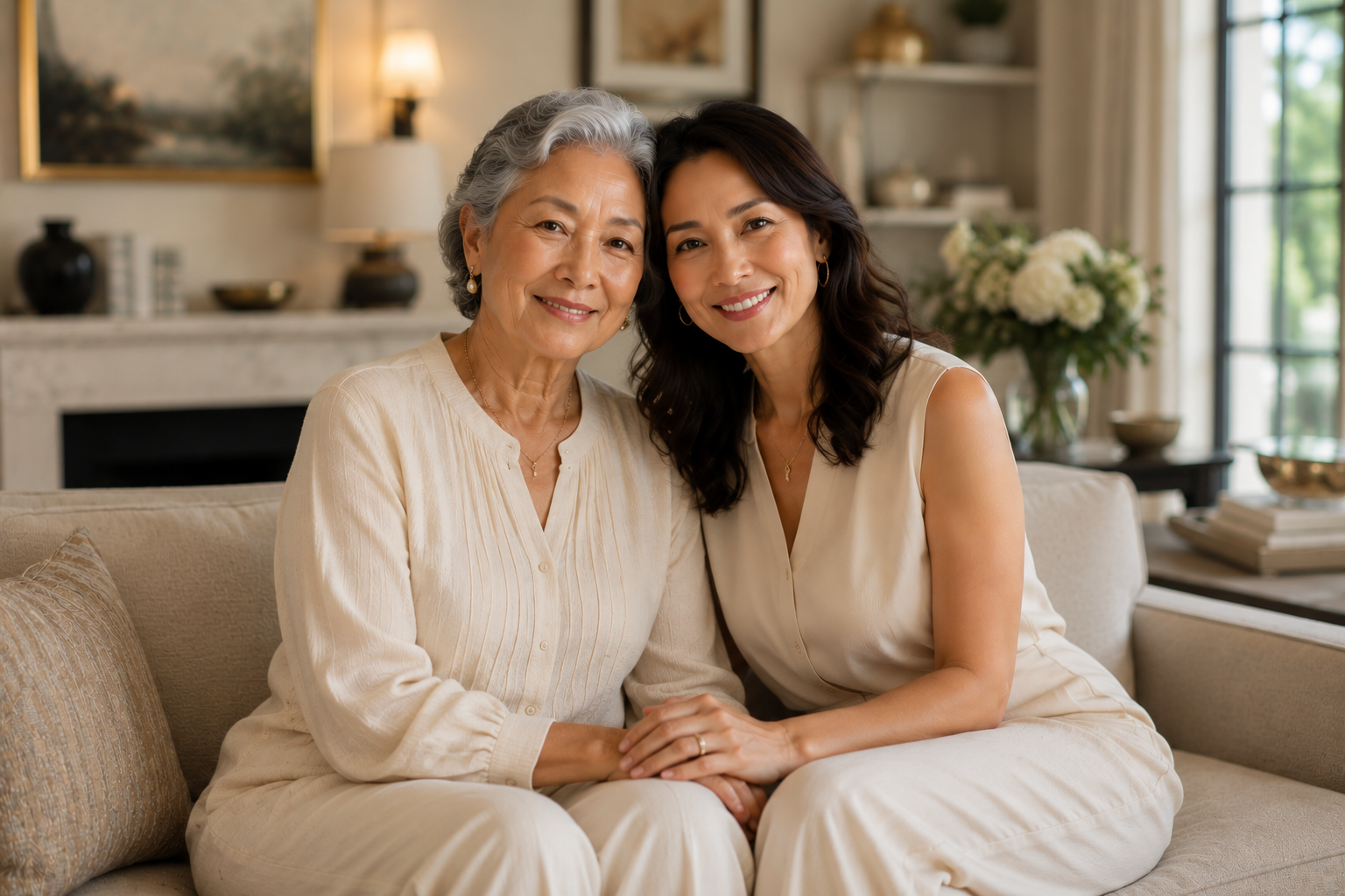 An elderly woman and a younger woman sitting on a beige sofa in a cozy living room, smiling and holding hands, with floral arrangements and a painting in the background.