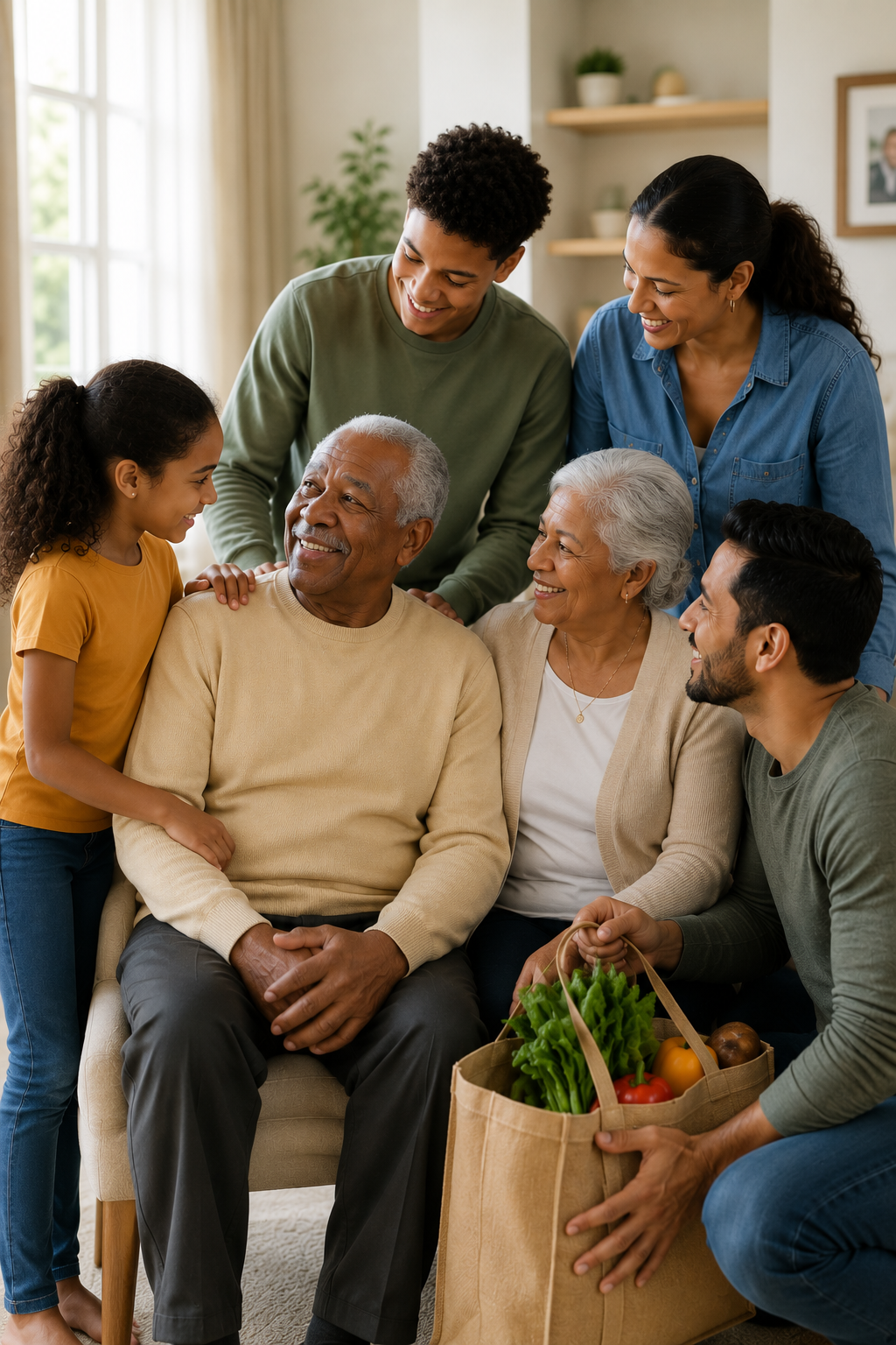 Family gathering in living room with three generations smiling and sharing time together, with groceries nearby.