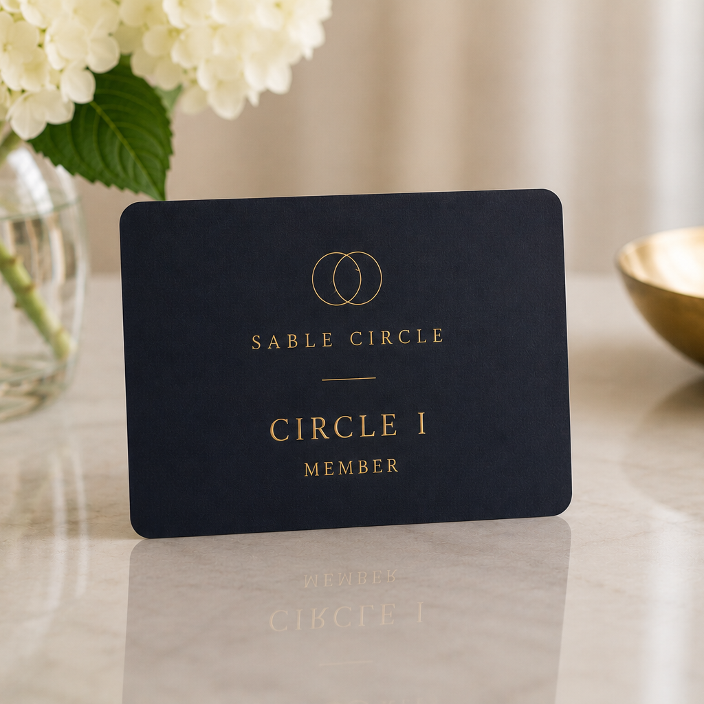 A black membership card with gold lettering that says 'Sable Circle, Circle I, Member,' placed on a marble surface next to a glass vase holding white hydrangea flowers and a gold bowl in the background.