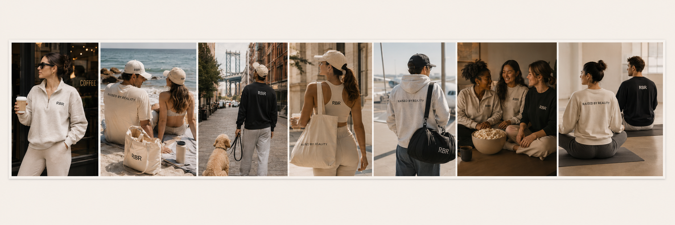 Collage of people wearing casual clothes with RBR branding, in various outdoor and indoor settings.