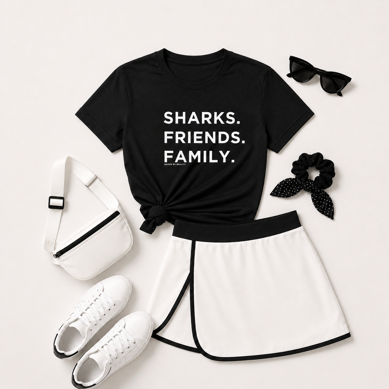 sharks friends family black tee styled mockup .png