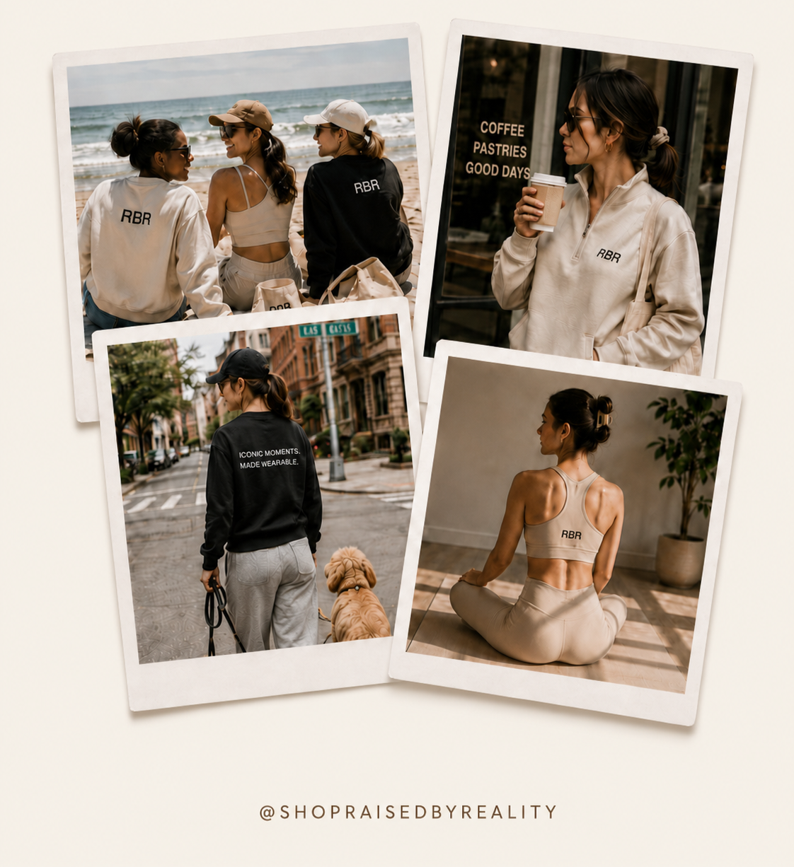 Four photos of women engaging in various activities, wearing casual and athletic clothing with the initials RBR on their outfits, including at the beach, walking with a dog in an urban area, drinking coffee outside a cafe, and sitting in a yoga pose indoors.