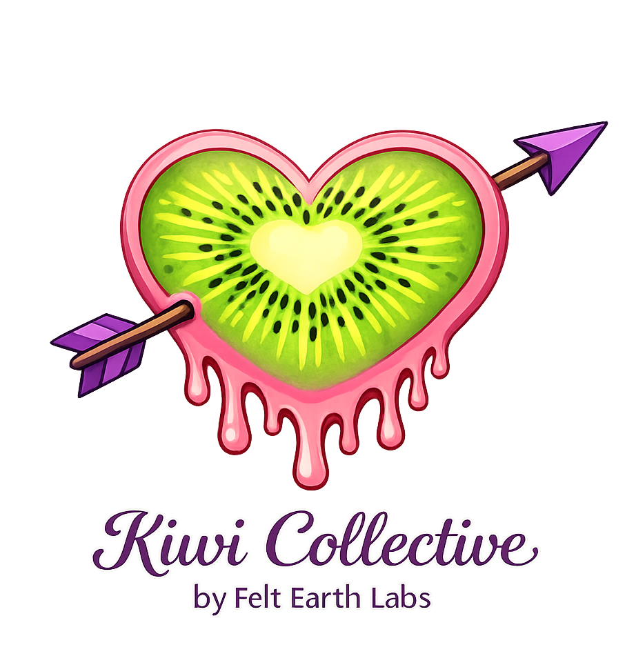 A graphic of a pink heart with a kiwi inside, pierced by an arrow. The kiwi has a yellow heart in the center. The design has a dripping effect at the bottom of the heart. Text below reads "Kiwi Collective by Felt Earth Labs."