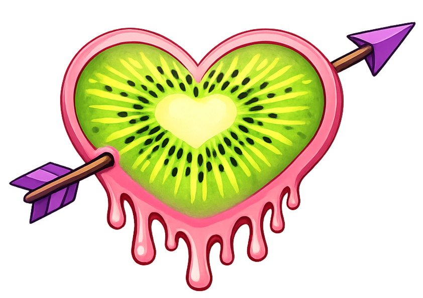 A heart-shaped kiwi fruit with a pink border and dripping pink liquid, pierced by an arrow with a purple tip.