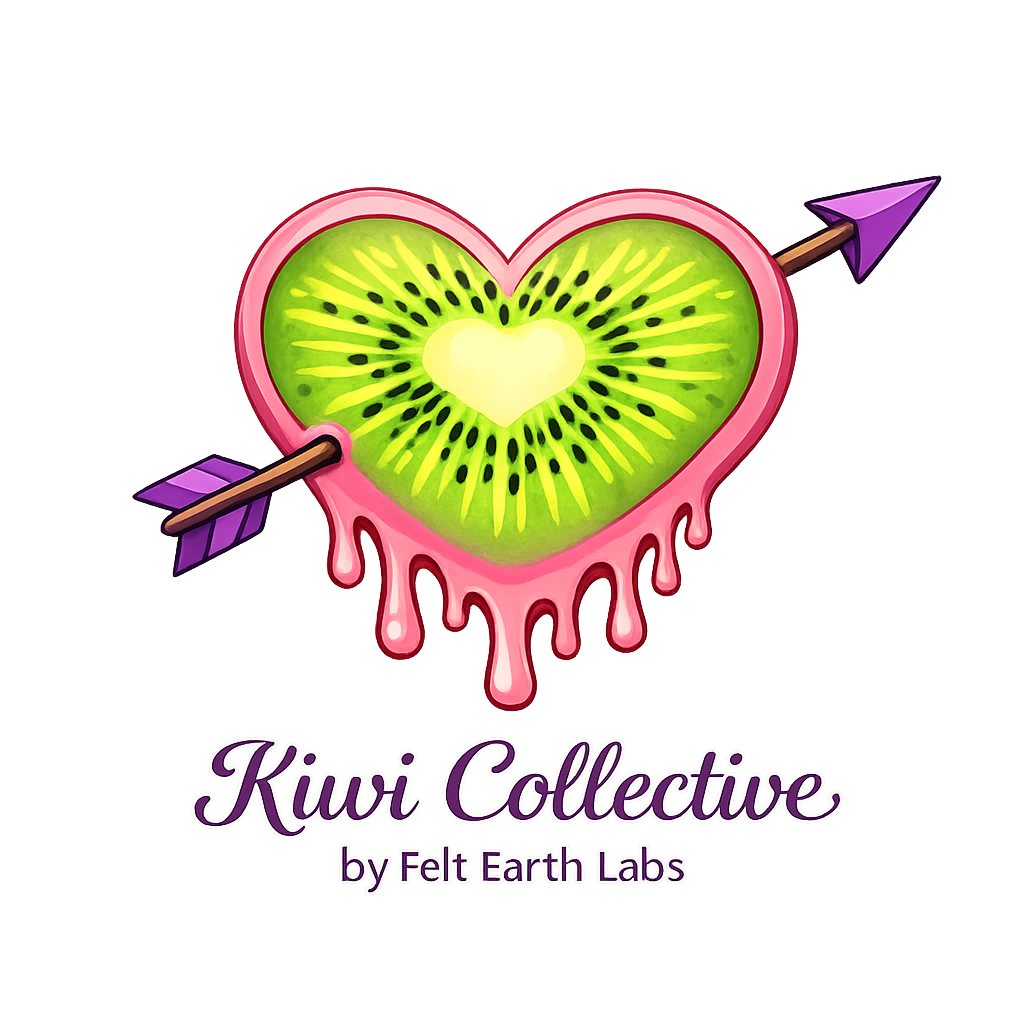 Neon-style logo featuring a heart-shaped kiwi slice pierced by an arrow, with pink melting edges and a gradient gray background. Text reads 'Kiwi Collective by Felt Earth Labs'.