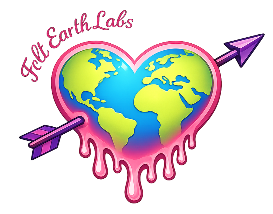 A heart-shaped illustration of the Earth with a pink edge and melting effect, pierced by an arrow. Text reads 'Get Earth Labs' in red cursive.