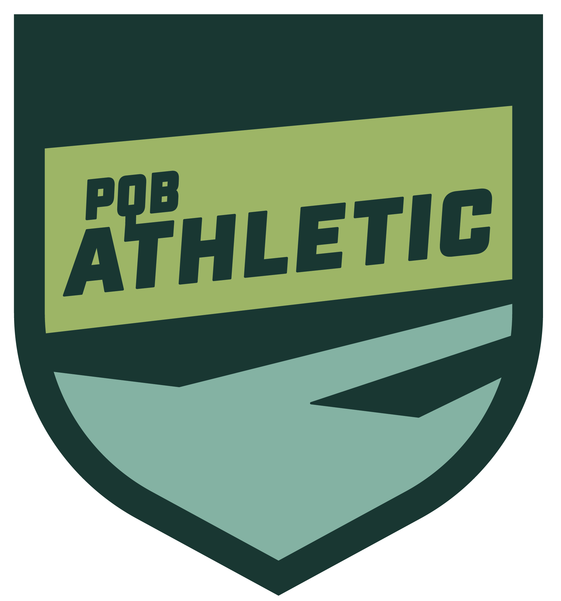 A shield shape with a dark green background displaying a badge that reads 'POB ATHLETIC' on a light green banner.