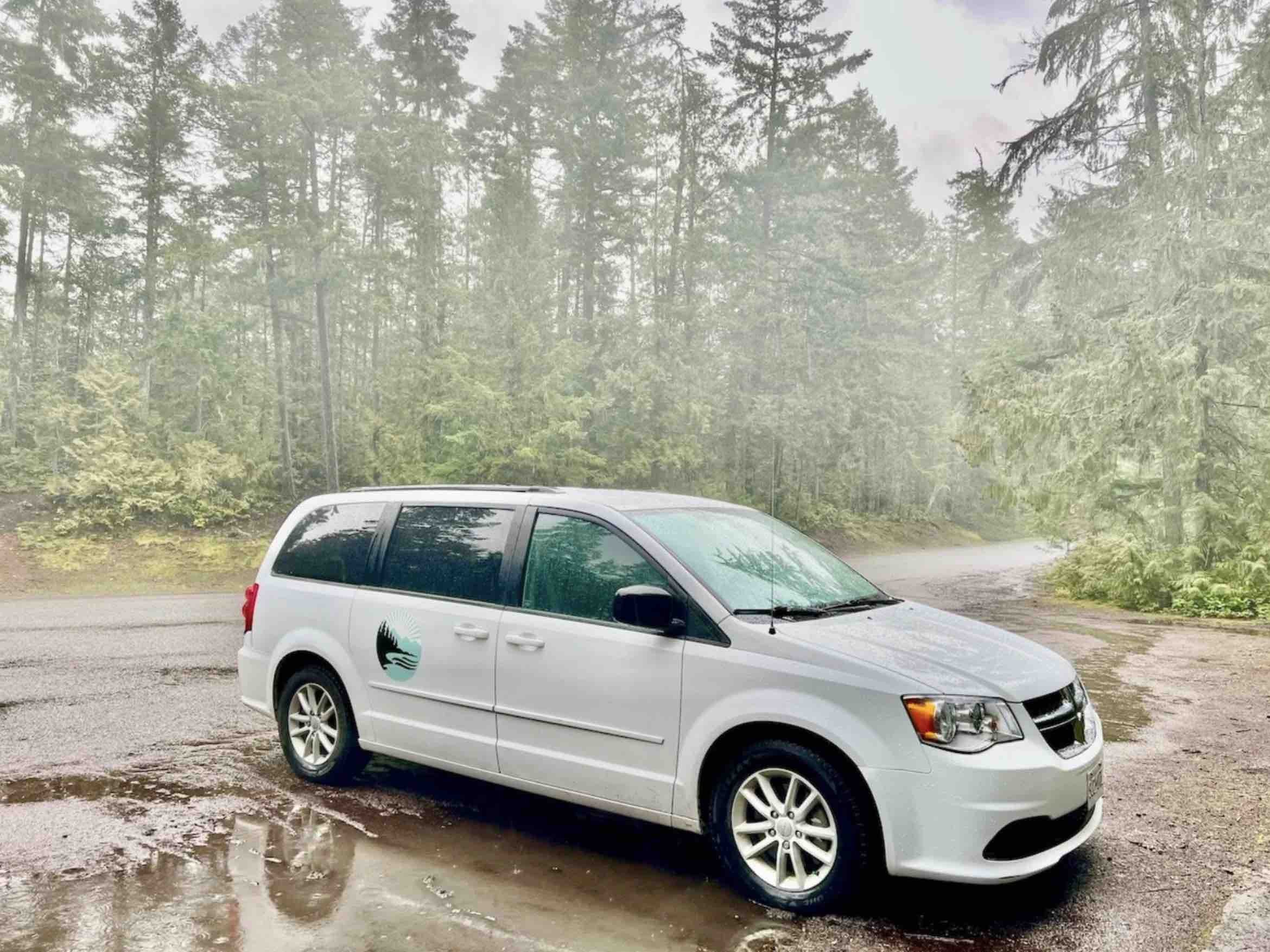 A white hatchback car with a logo on the door parked on a gravel surface next to a muddy puddle, with a background of tall evergreen trees and an overcast sky.