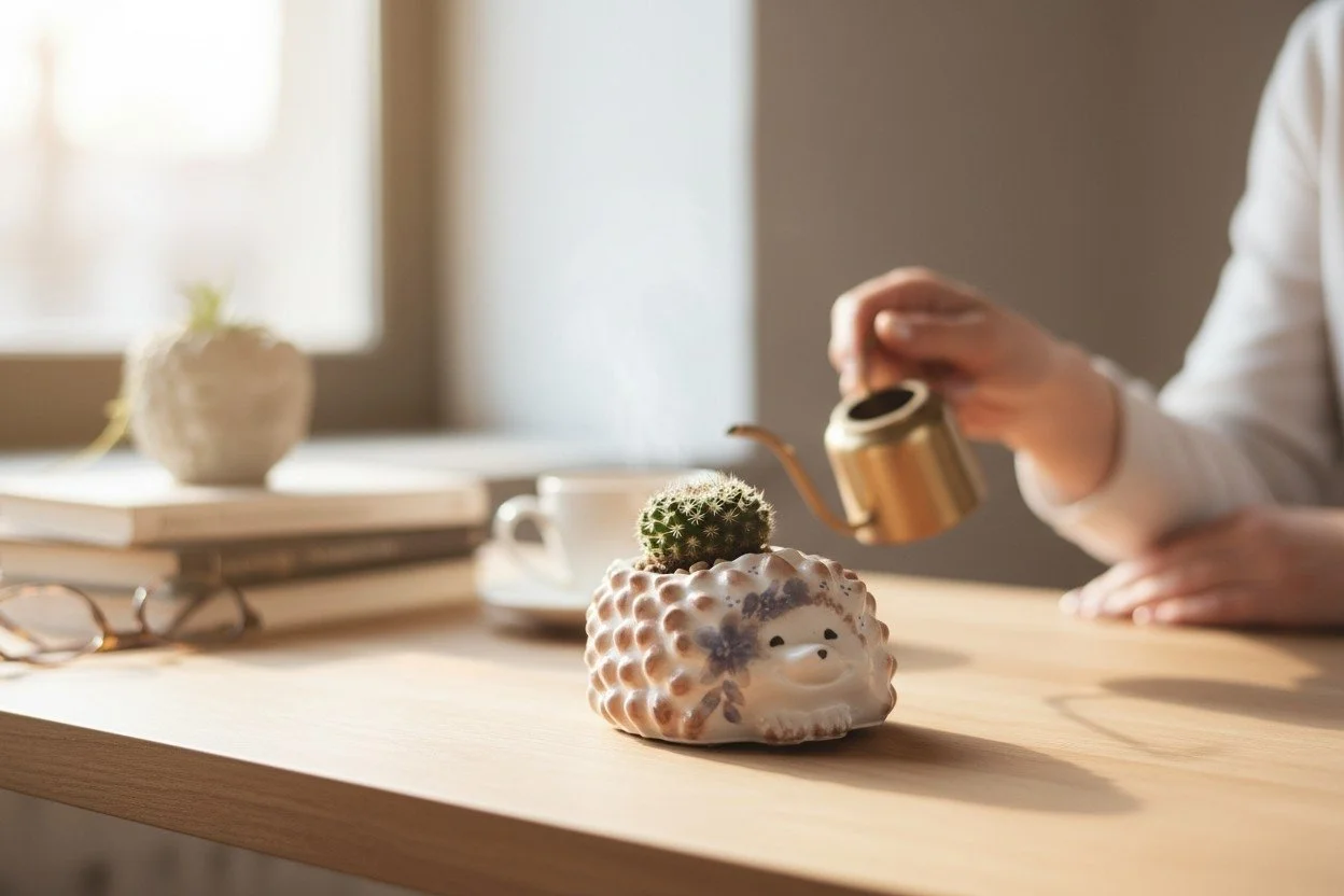 A person watering a small cactus in a ceramic planter resembling a hedgehog on a wooden table. There are books, glasses, a white cup, and a decorative pot in the background near a window.