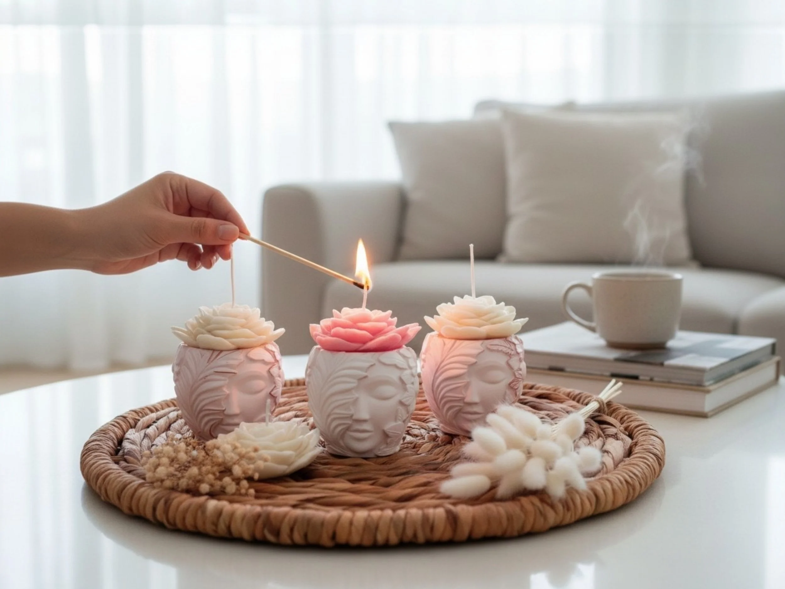 A hand holding a lit match near pink and white rose-shaped candles on a woven tray, with a mug and a stack of books in the background.