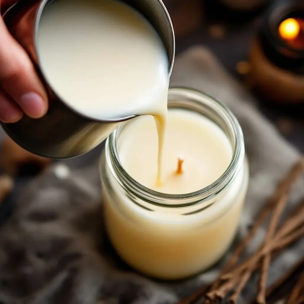 Pouring white wax into a glass jar candle, with a wick visible inside, on a dark surface with some decorative sticks nearby.