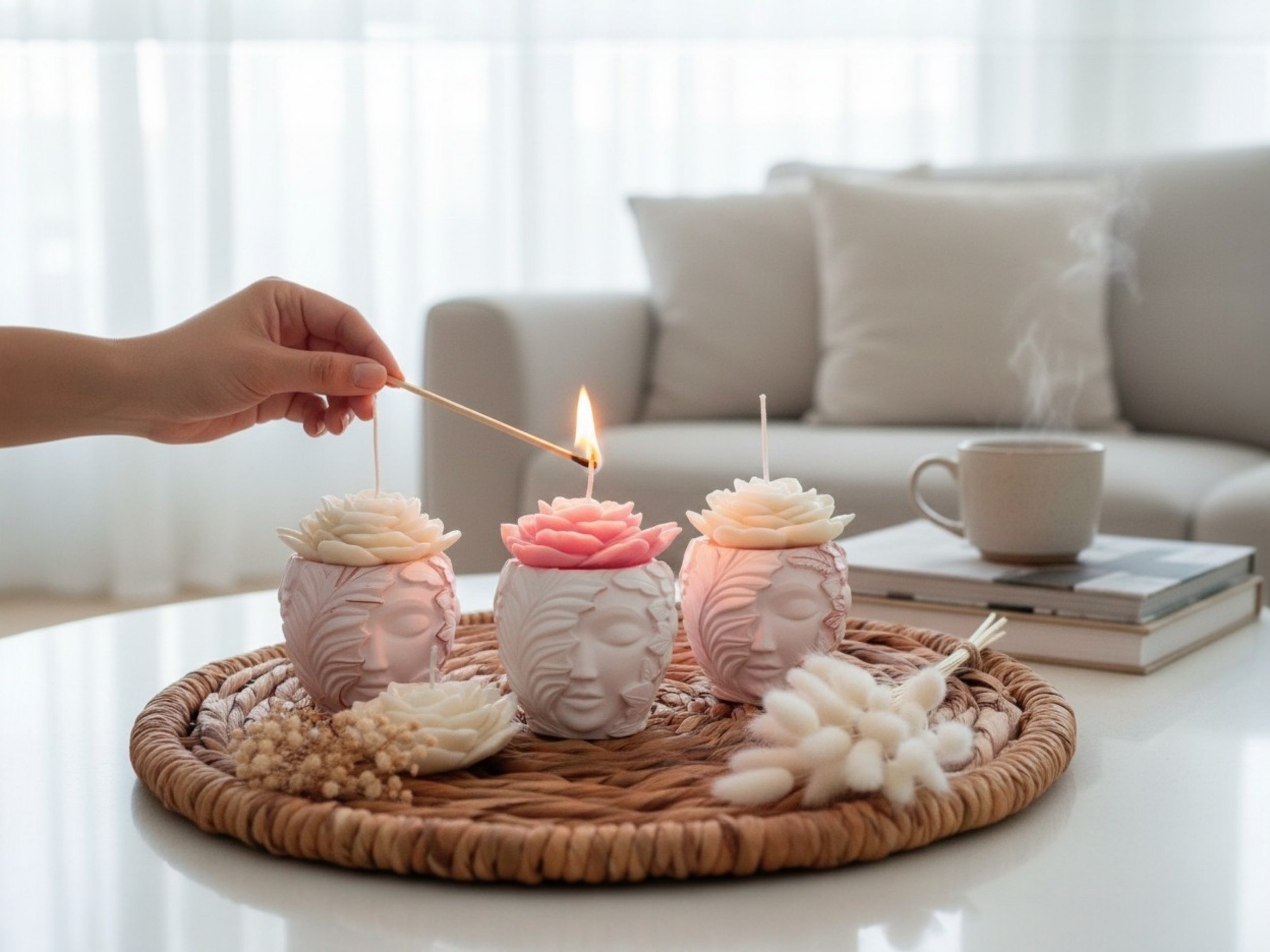Decorative pink and white cupcakes with floral designs on a woven tray, surrounded by cotton balls and a small bowl, with a white mug and a stack of books in the background.