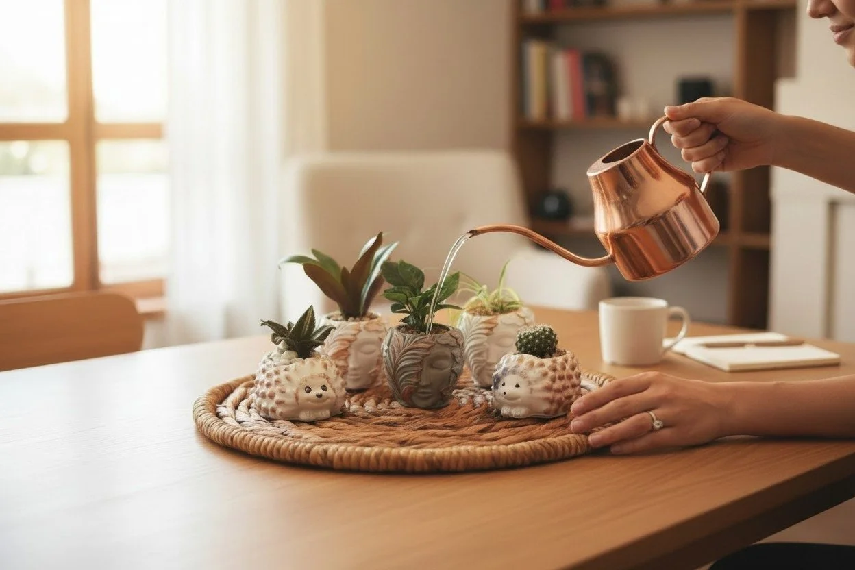 Person watering potted plants on a wooden table in a cozy room with natural light.