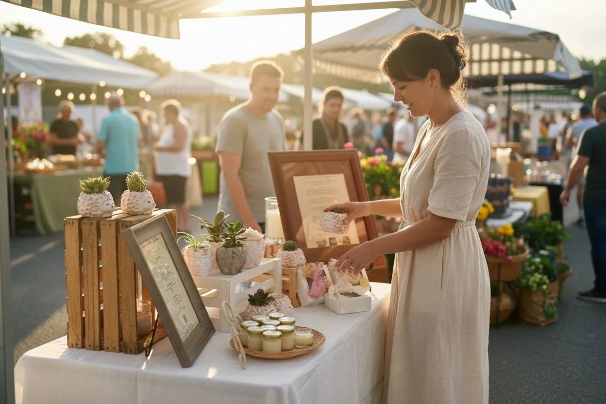 Woman shopping at an outdoor farmer's market stall with plants, candles, and baked goods during sunset.