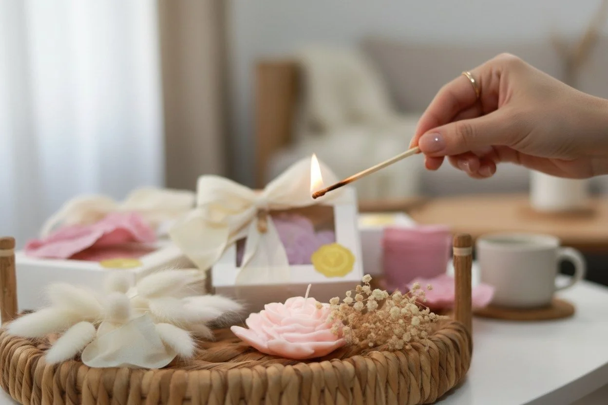 Person lighting a candle on a tray with flowers and a gift box.