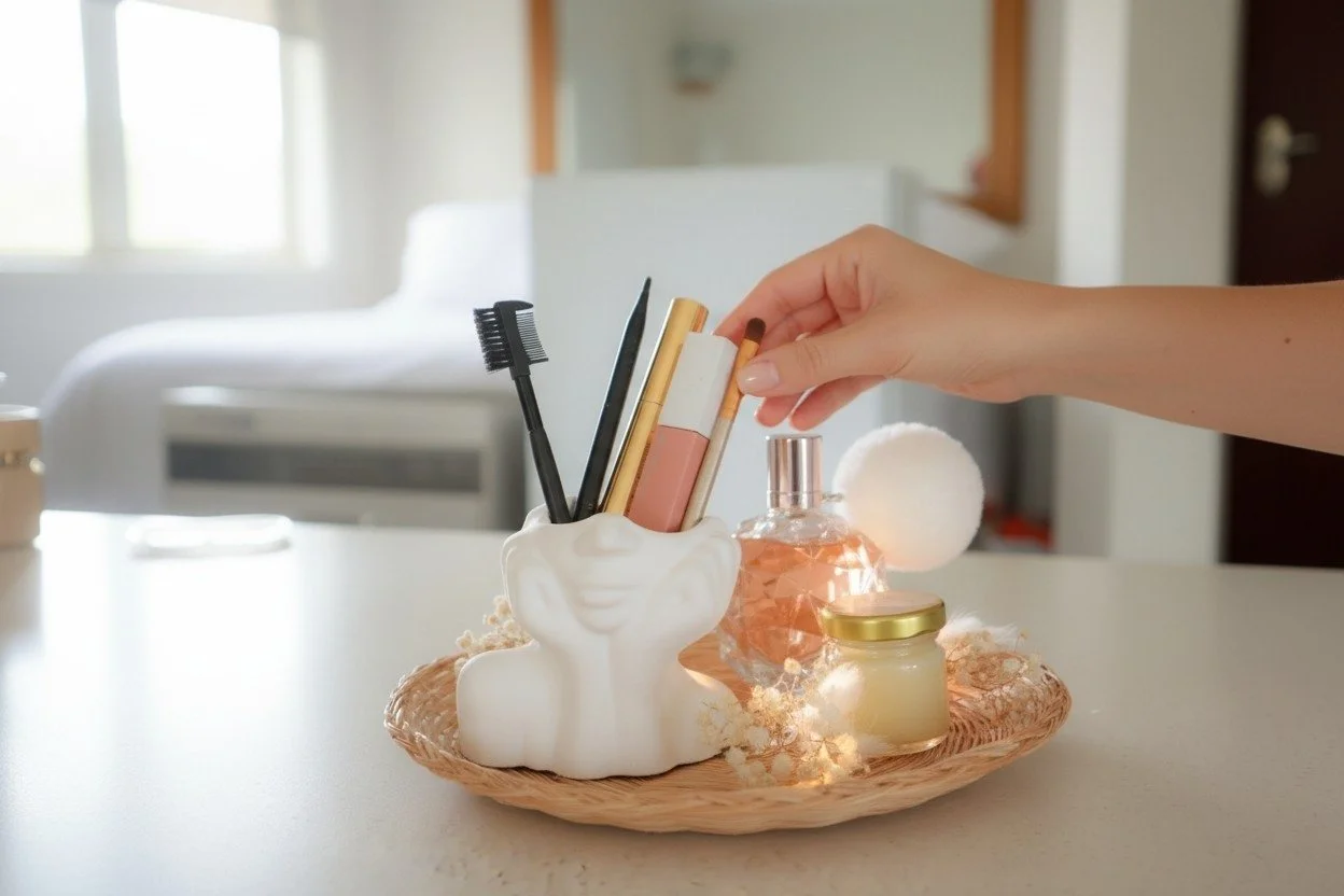 Hand reaching for beauty products, including lip gloss, mascara, and skincare, arranged on a decorative tray on a white table in a bright room.