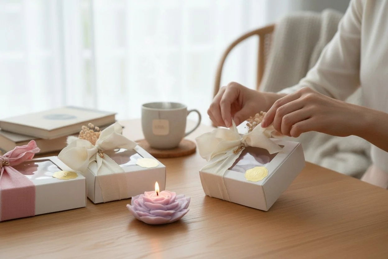 Person opening a gift box on a wooden table, with two more wrapped gift boxes, a lit candle, and a mug in the background.