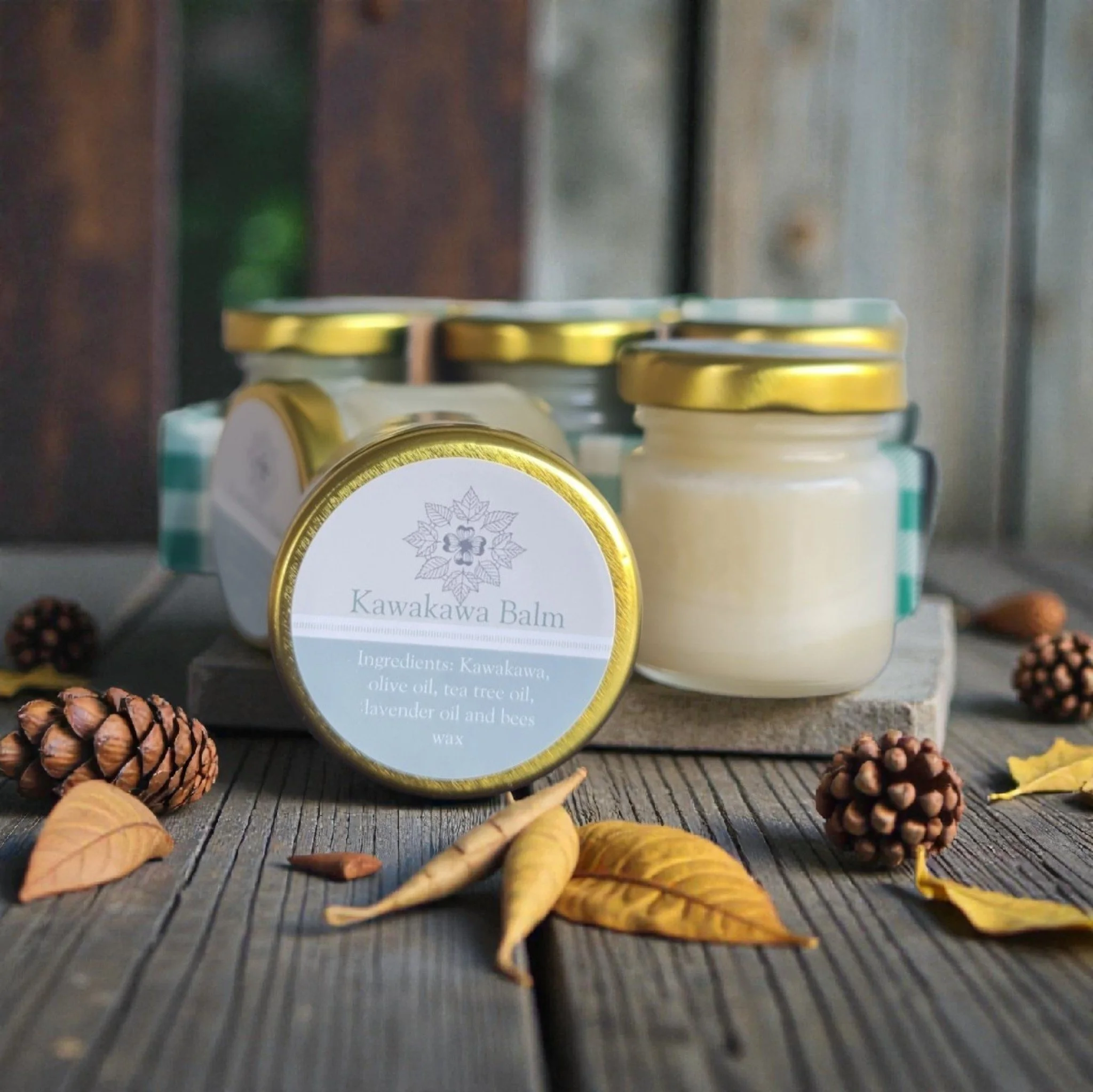 Small jars labeled 'Kawakawa Balm' with gold lids, surrounded by pine cones, dried leaves, and sprigs of herbs on a wooden surface.