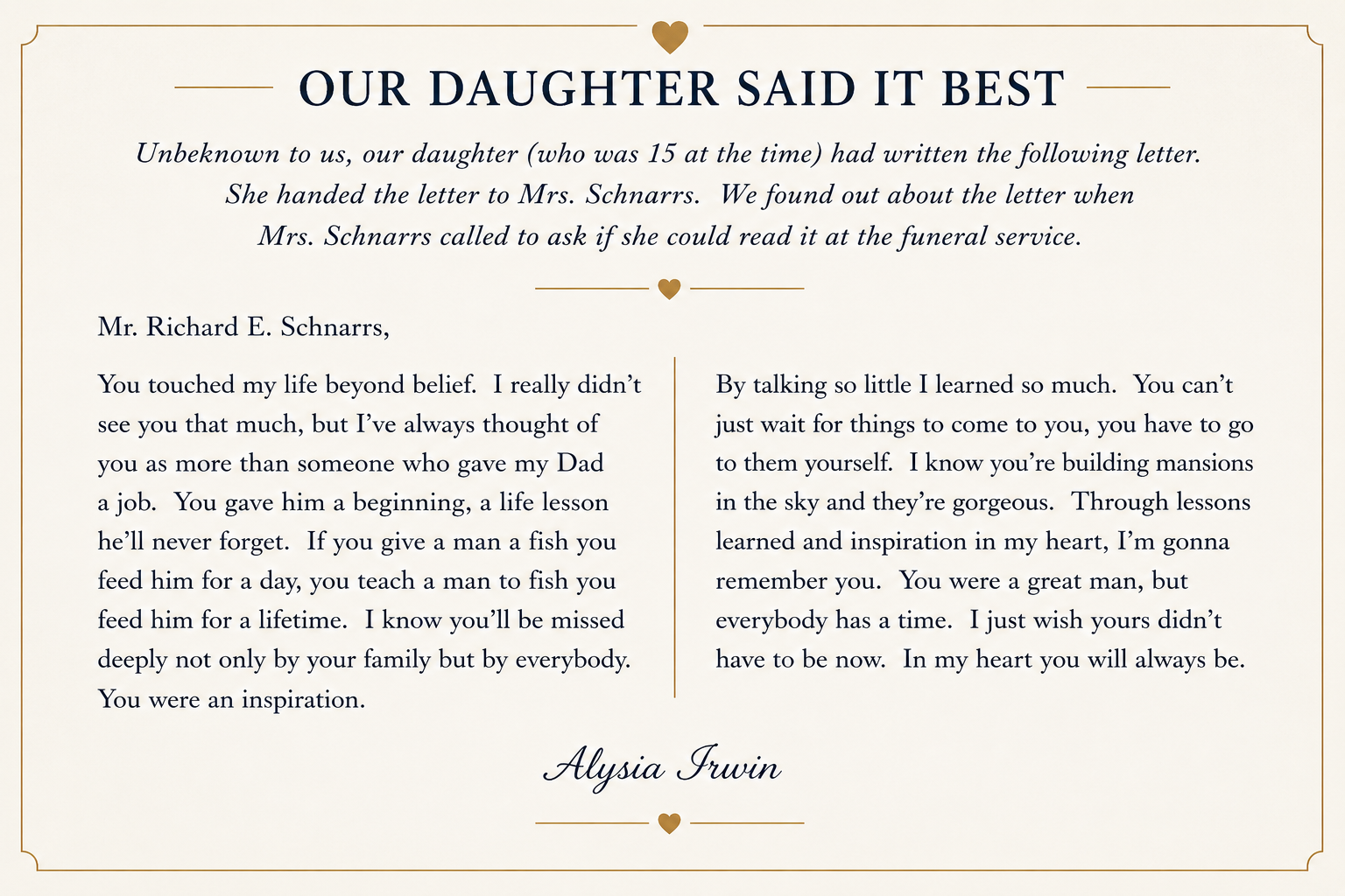 A heartfelt letter on a decorated card honoring a deceased father, with gold heart accents and elegant font, expressing gratitude and memories.
