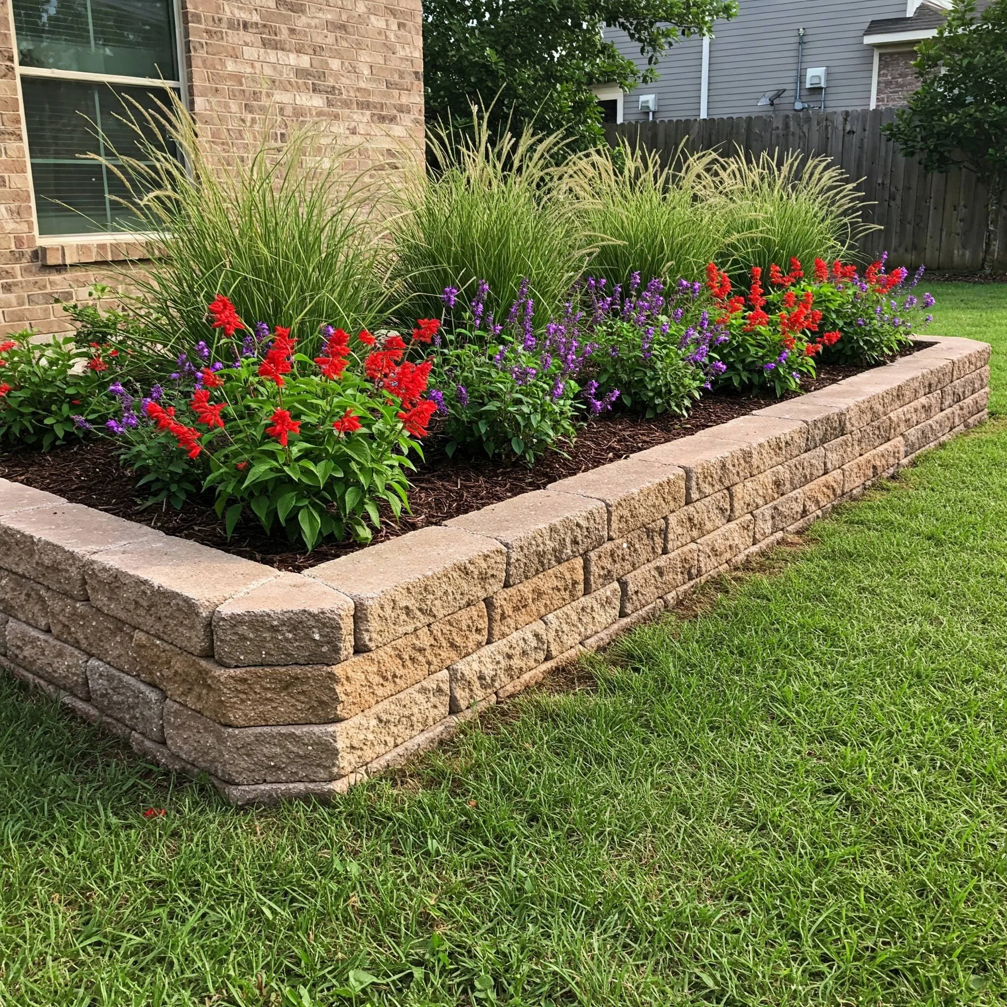 A landscaped garden bed with tall ornamental grasses and red, purple, and lavender flowers, bordered by stone bricks and surrounded by green grass.