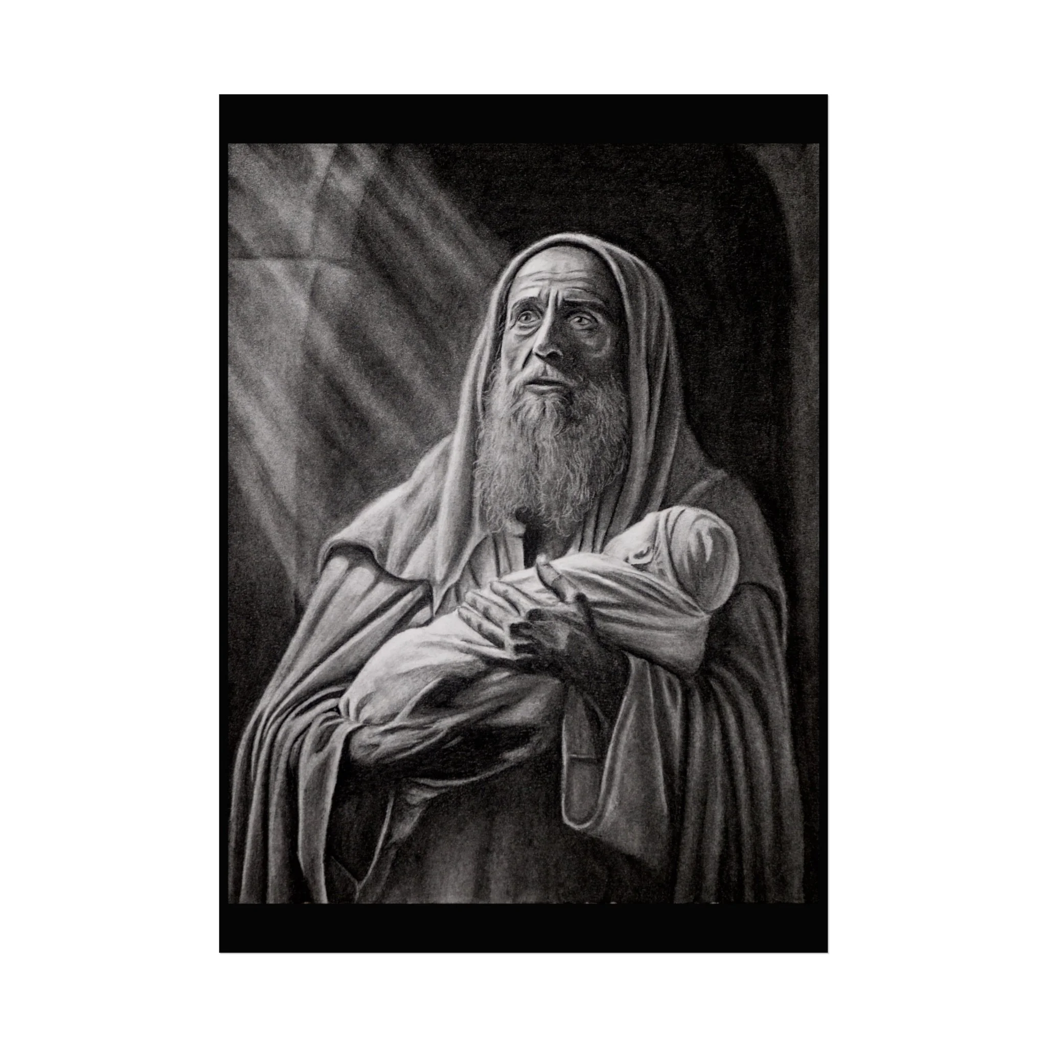 Religious Fine Art Poster –St Simeon Holding Infant Jesus in the Temple, Black & White Inspirational Wall Art