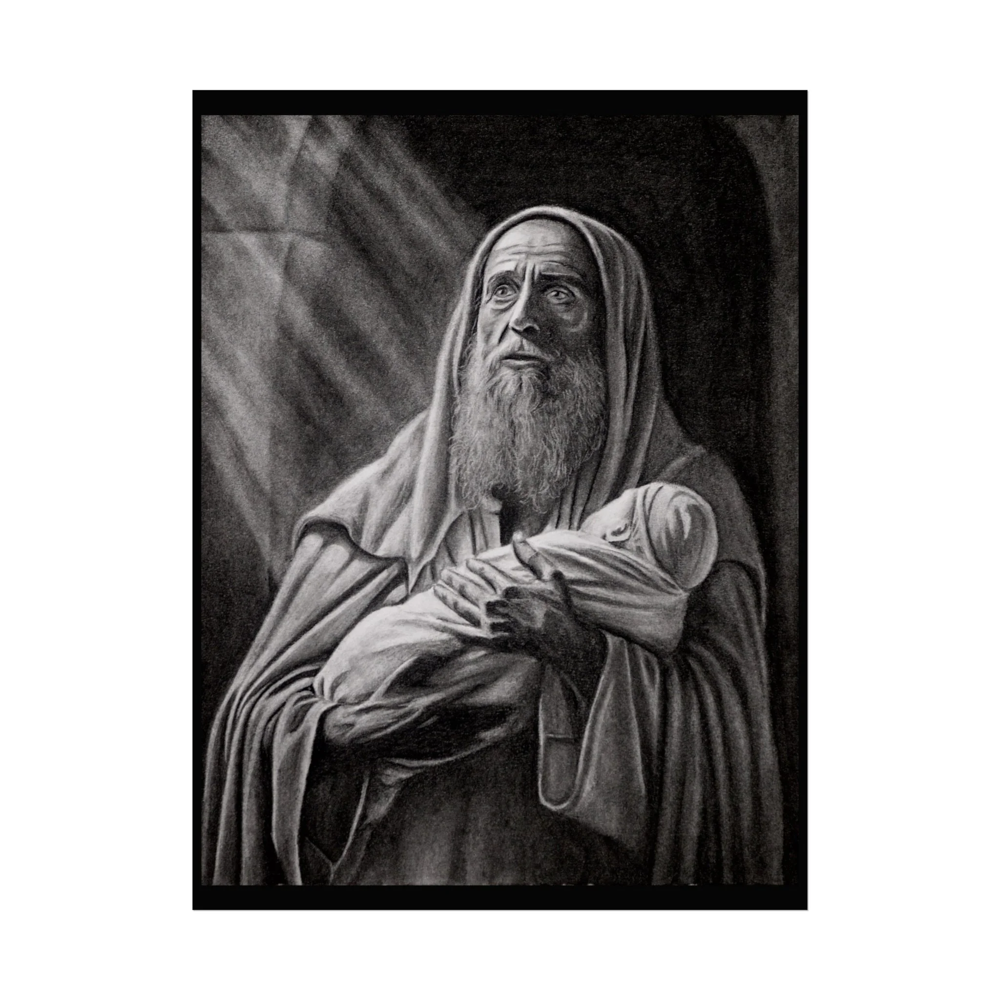 Religious Fine Art Poster –St Simeon Holding Infant Jesus in the Temple, Black & White Inspirational Wall Art