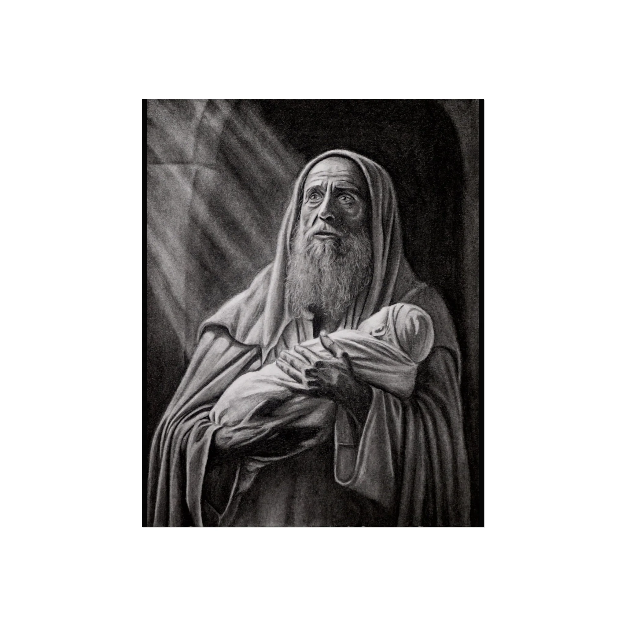 Religious Fine Art Poster –St Simeon Holding Infant Jesus in the Temple, Black & White Inspirational Wall Art