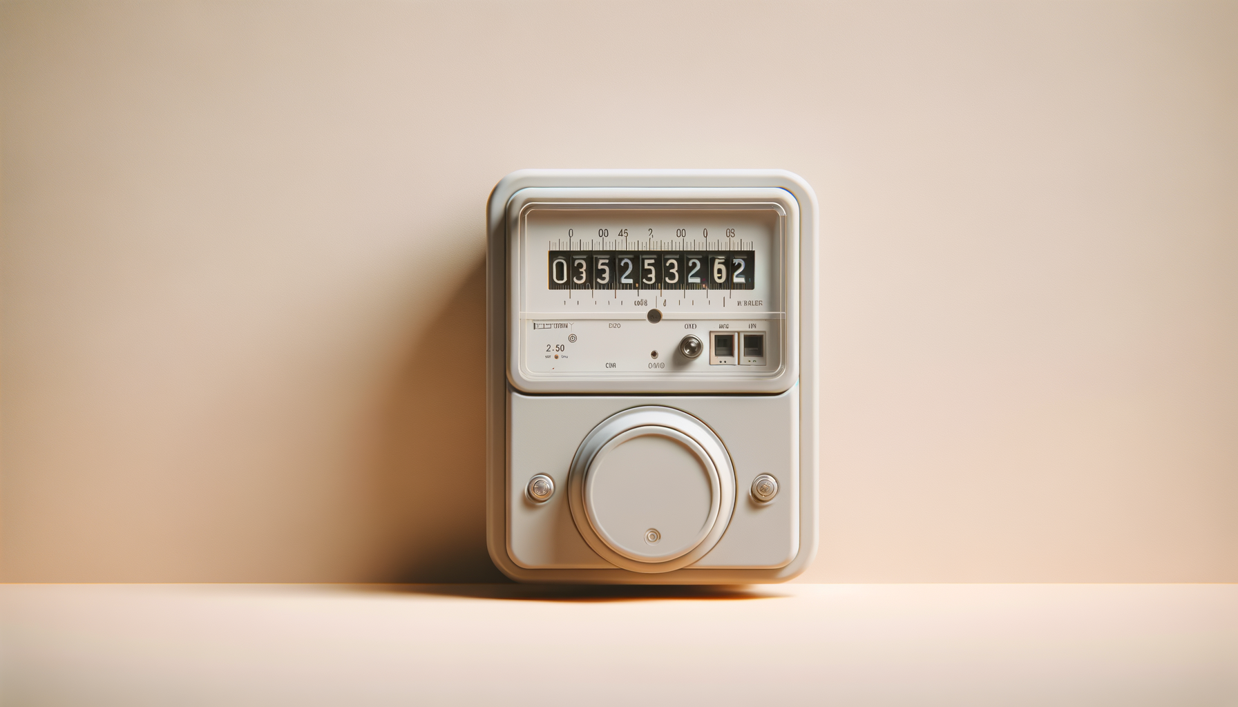 A vintage mechanical counter with a white exterior, showing a reading of 35253262, mounted on a beige wall.