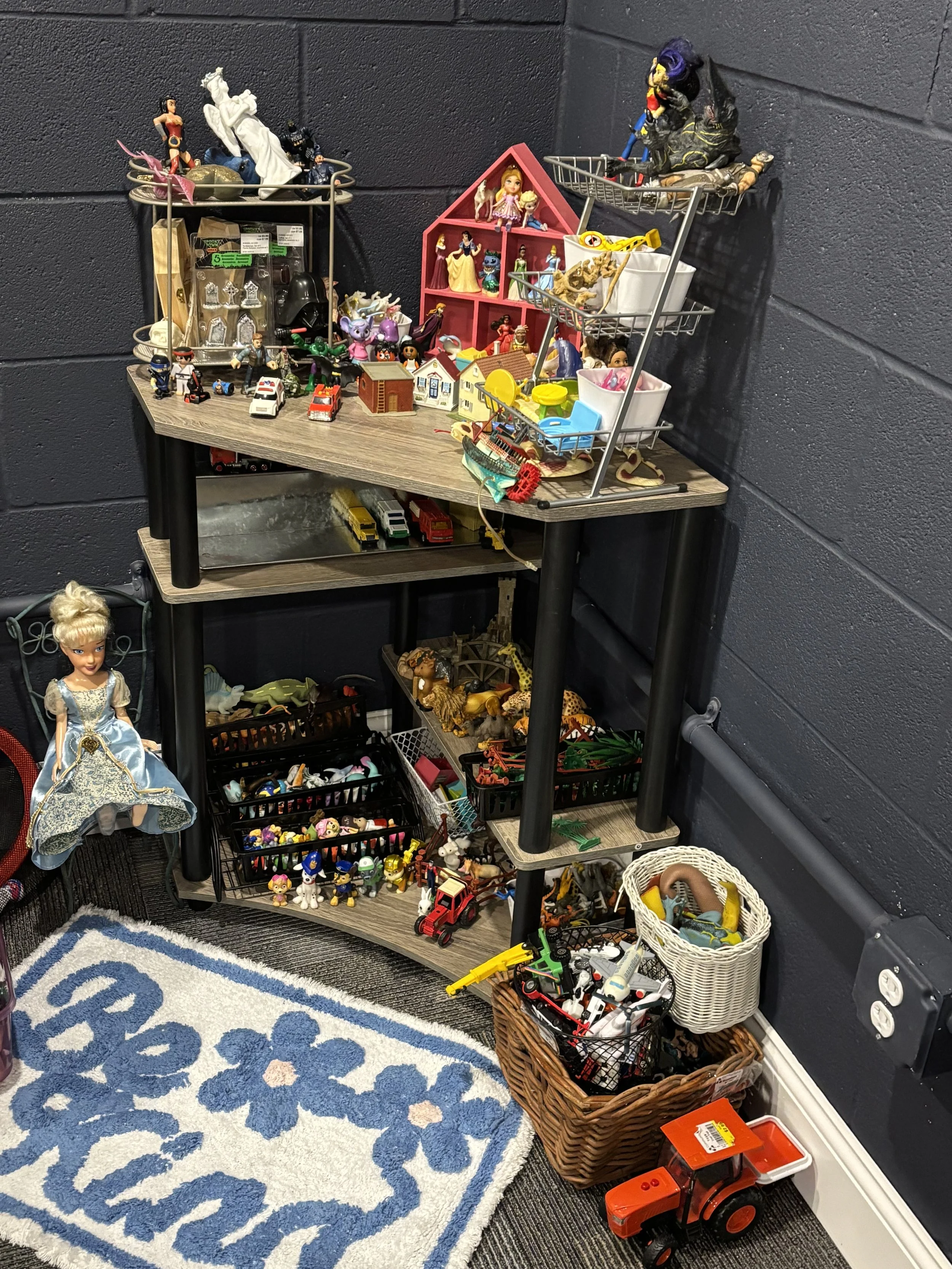 A shelving unit filled with toys and figurines, including dolls, miniature vehicles, and action figures, against a dark blue wall, with a white and blue patterned rug on the floor.