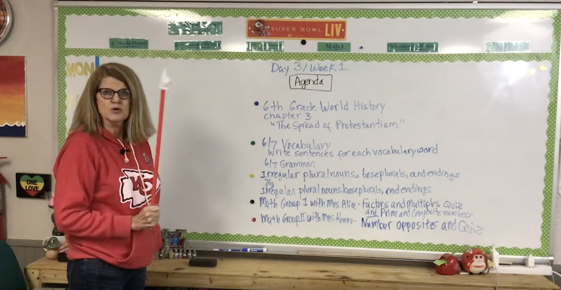 Mrs. Kemme reviews her agenda for her third day of classes.