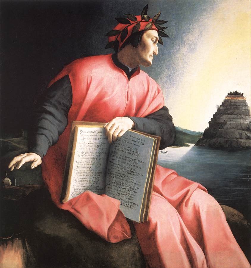 Dante Alighieri holding a book before the terraced mountain of Purgatory and the city of Florence in a Renaissance panel painting