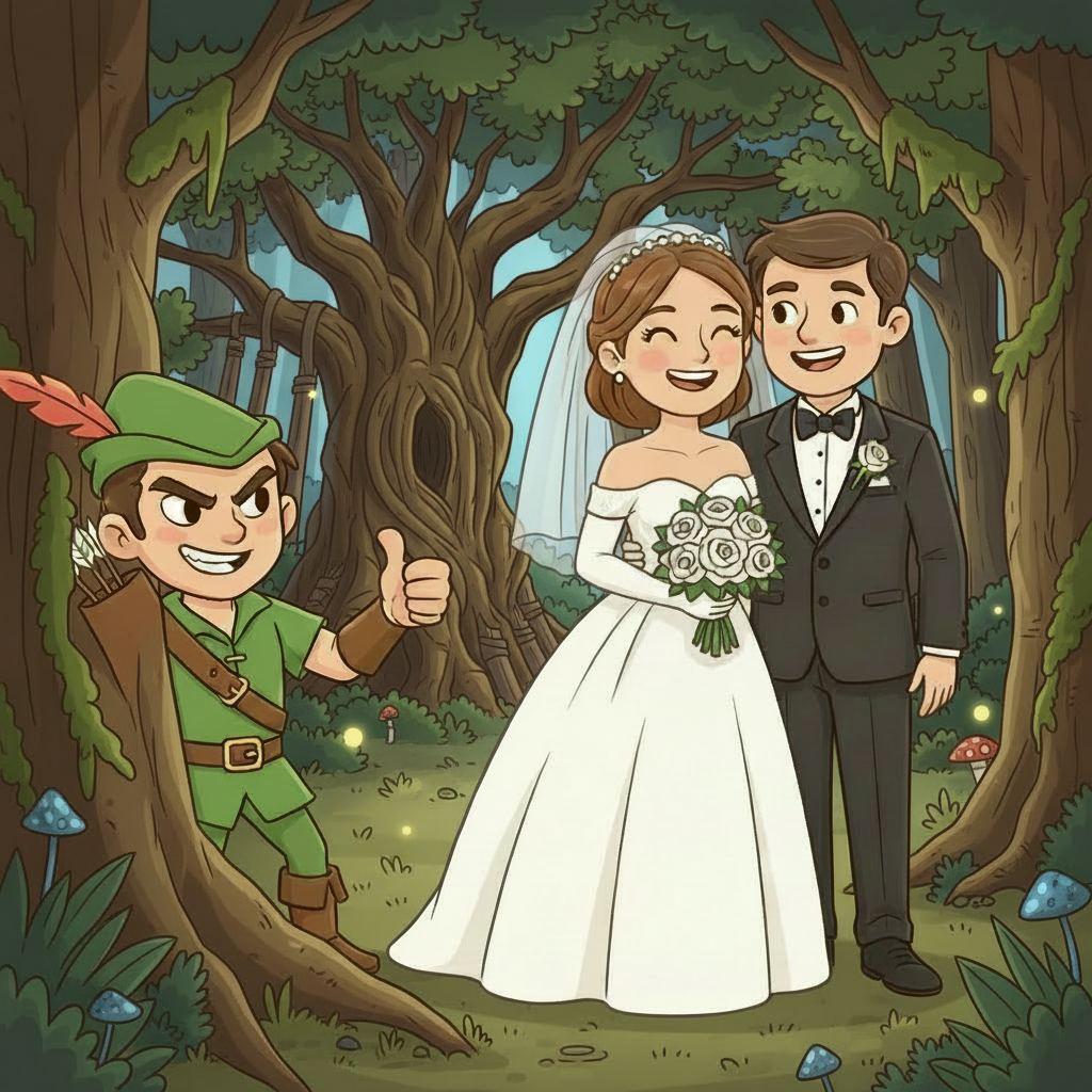 A cartoon illustration of a wedding scene in a forest. A smiling bride and groom are standing together. An elf-like character with a green outfit, brown hair, and a red feather in his hat is giving a thumbs up from behind a tree on the left.